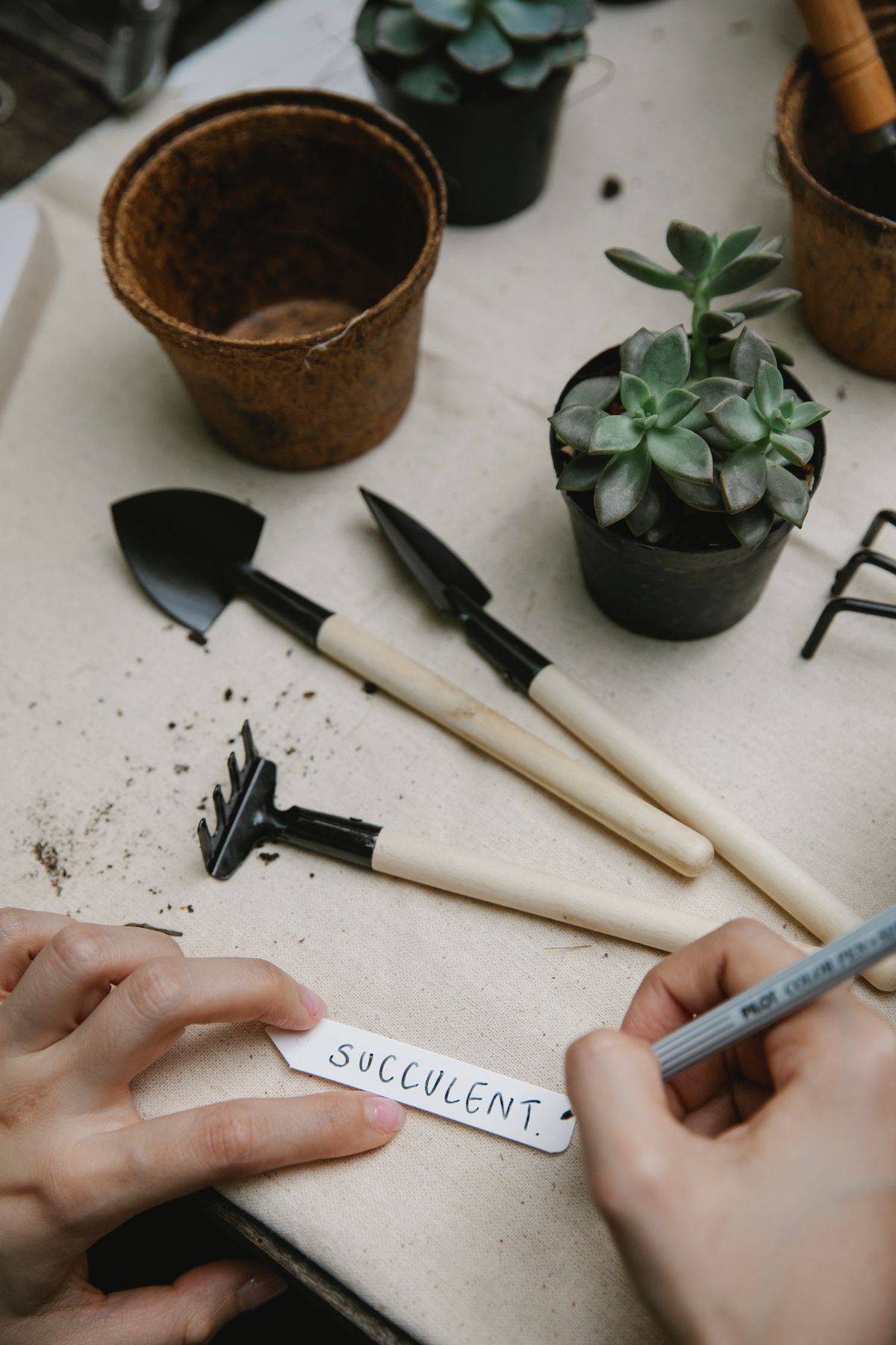 A gardener writing on a plant tag at a table with gardening equipment