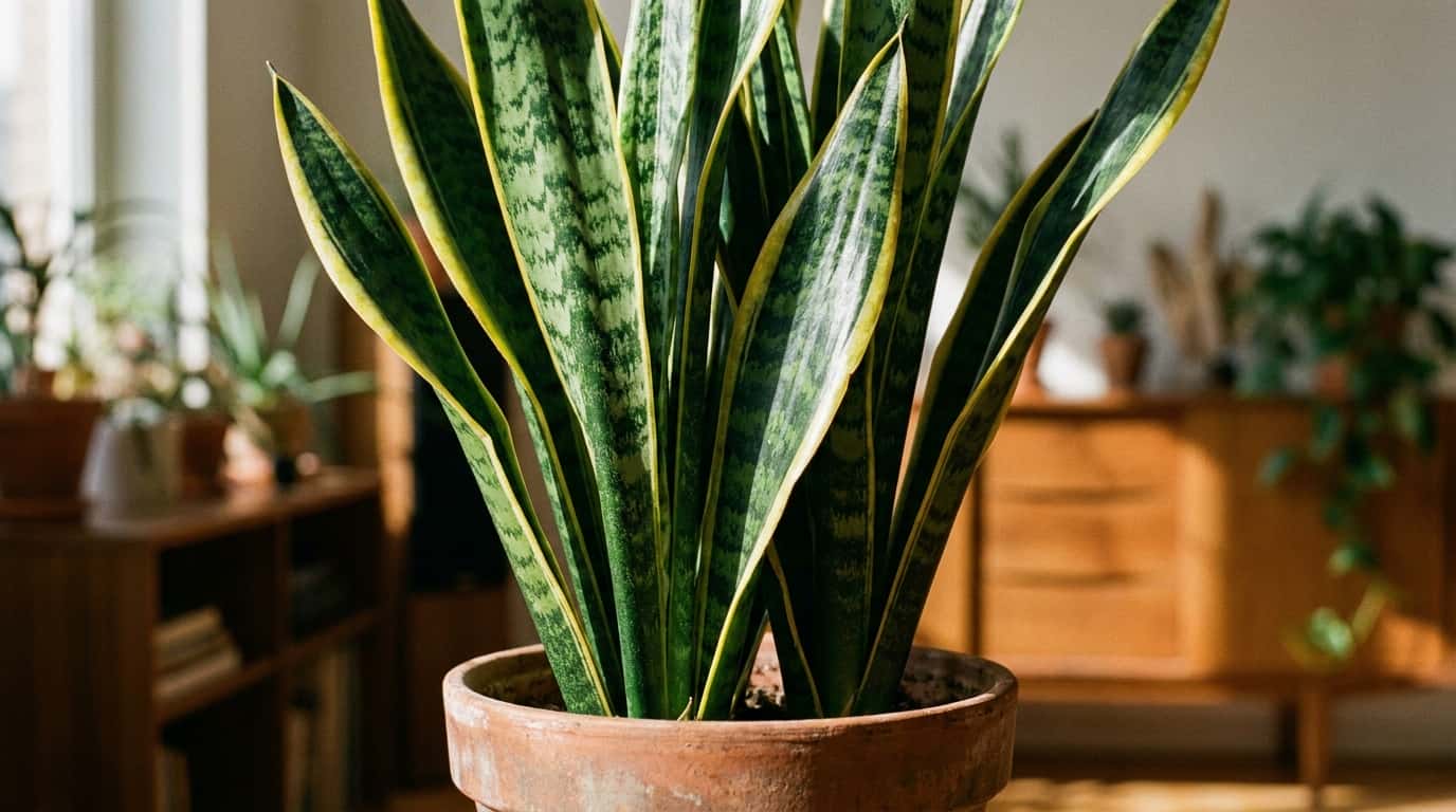 Close up of Dracaena trifasciata snake plant showing erect sword shaped leaves with yellow edges and banded pattern on waxy cuticle surface