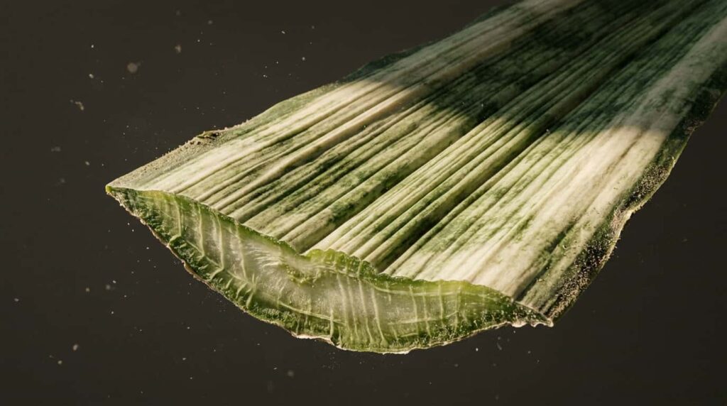 Parallel leaf veins on a monocot snake plant showing typical angiosperm leaf venation pattern