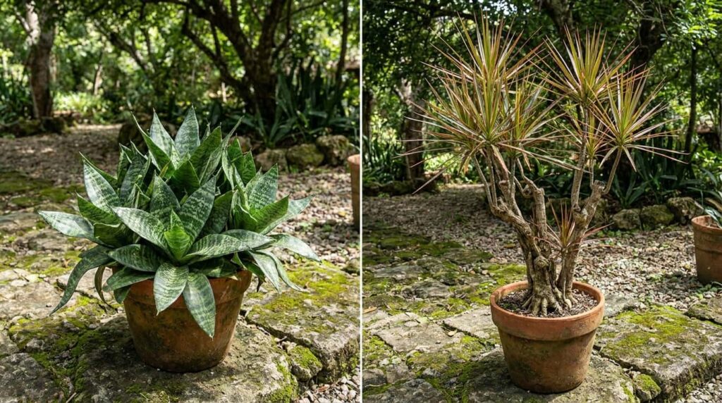 Comparison of snake plant rosette and woody Dracaena showing shared subfamily traits within Asparagaceae