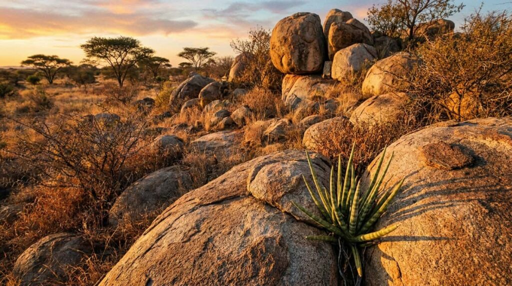 Sansevieria growing from rock crevice in dry tropical savanna showing natural semi arid habitat adaptation