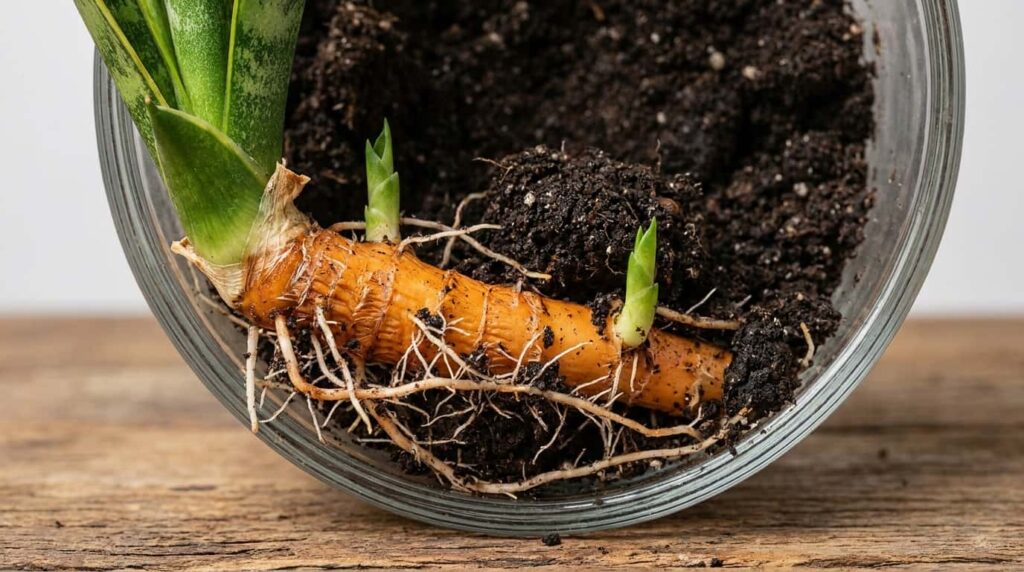 Underground rhizome and adventitious roots of snake plant showing clonal propagation structure