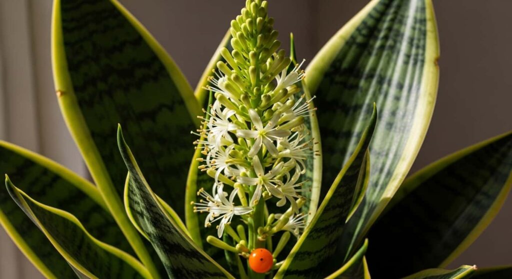 Tall inflorescence spike and berry fruit development on mature snake plant showing nocturnal pollination traits